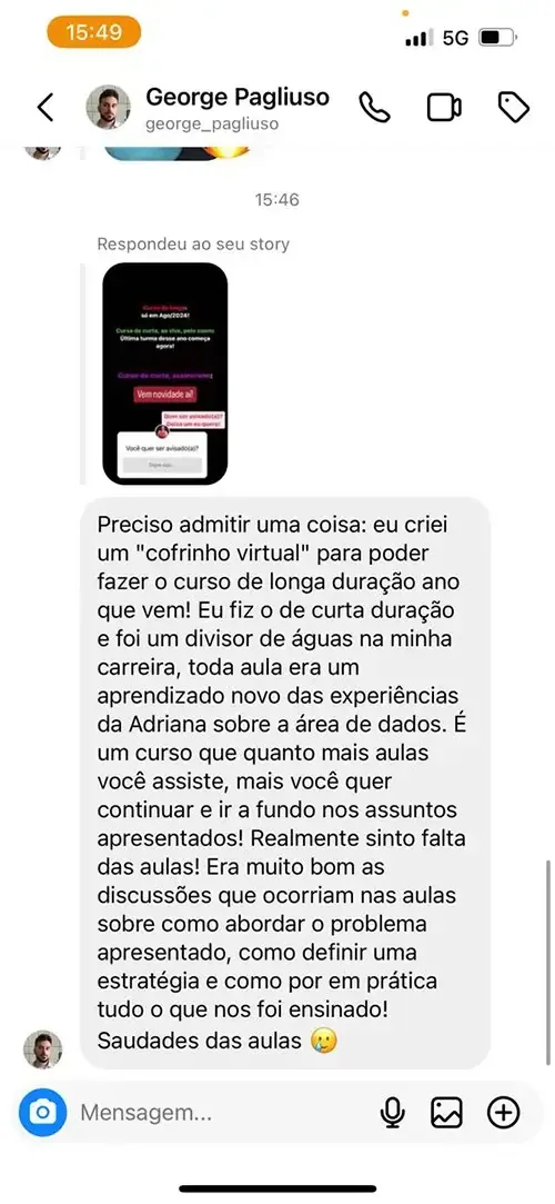 Print de mensagem de aluno para a Dri