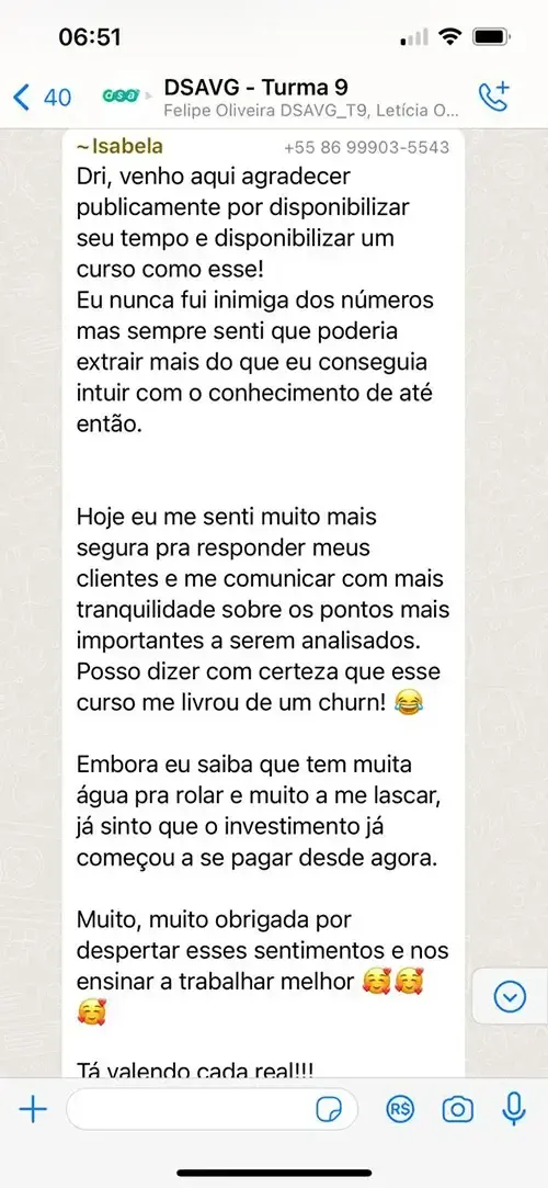 Print de mensagem de aluno para a Dri