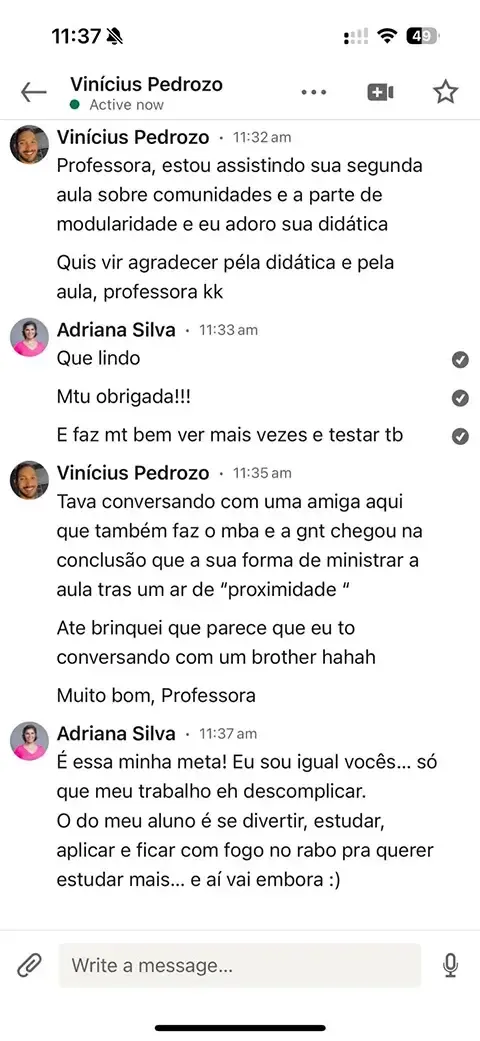 Print de mensagem de aluno para a Dri